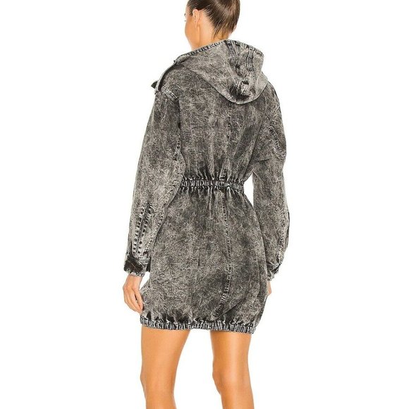 $395 Norma Kamali Cargo Utility Jacket Dress Hooded Zip Denim Black Acid Wash 12 - Picture 5 of 8